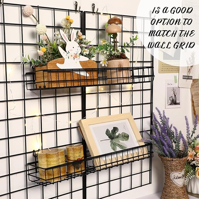 Blulu 4 Pcs 15.75 x 3.94 x 1.97 Inch Metal Grid Wall Baskets with Hooks Grid Wall Shelves Hanging Wire Basket Multi Function 