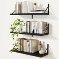 Floating Bookshelf with Brackets, Black Floating Shelves, 24 inch Wall Shelves Set of 3, Particle Board Wooden Shelf for Kitc