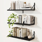 Floating Bookshelf with Brackets, Black Floating Shelves, 24 inch Wall Shelves Set of 3, Particle Board Wooden Shelf for Kitc