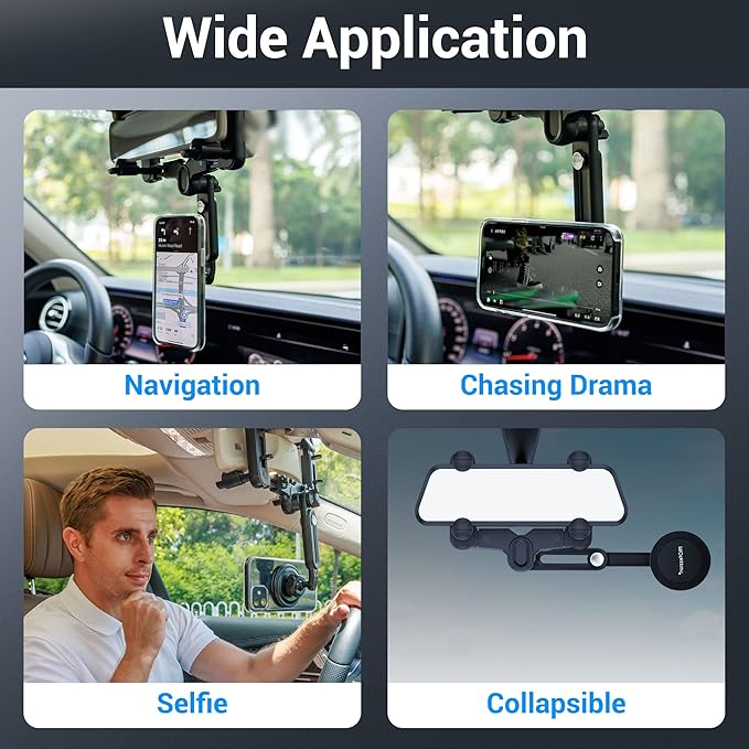 PROfezzion Rearview Mirror & Vent Clip Combo Magnetic Phone Holder Compatible with MagSafe on Car Rear View Mirror for iPhone 17 16 15 14 13 12 Pro Max Plus, MagSafe Case & All Phones [No Vibrating]