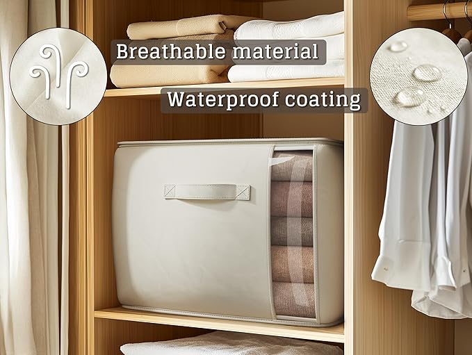 Large Canvas Clothes Storage Bags with Thick Handles and Clear Window, Foldable Cotton Linen Underbed Closet Organizer for Cl