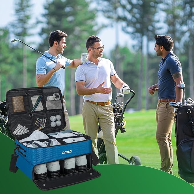 ANILD Golf Trunk Organizer, 2 Layer Golf Storage Case with Separate Ventilated Compartment for 2 Pair Shoes, for Balls, Tees,