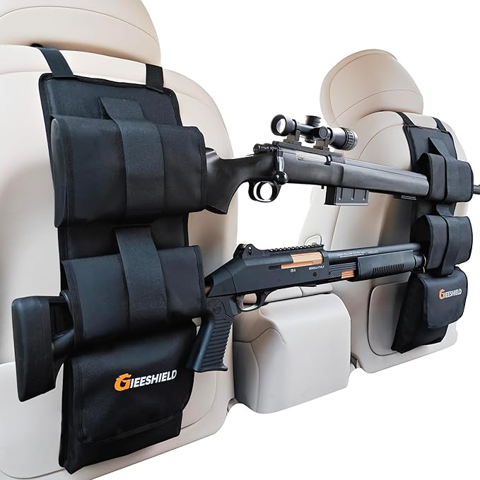 Truck Gun Rack（Set of 2）, Seat Back Gun Rack with Adjustable Straps, 600D Oxford Cloth, Universal Rifle Holder, PVC Coated, Secure Storage Pockets for Hunting Gear, Easy to Install Vehicle Gun Rack