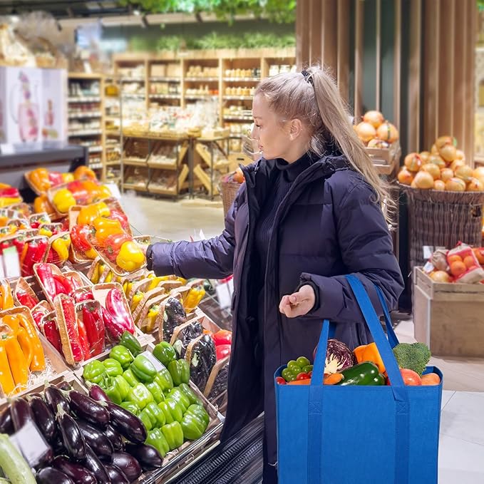 Lifewit Reusable Grocery Bags, Heavy Duty Foldable Shopping Bags with Reinforced Handles, Extra Large Utility Tote Stay Open, Sturdy Standing Carry Box for Kitchen, Car Trunk, 24L Blue, 6 Packs