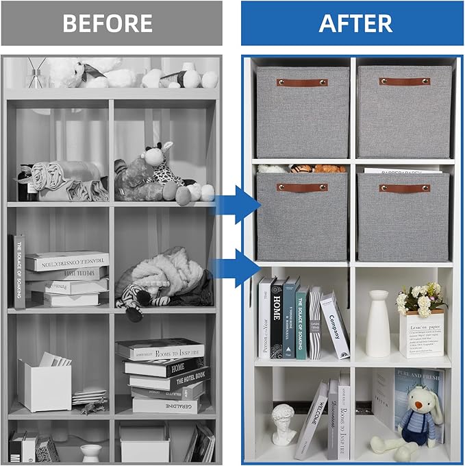 Temary 12x12 Storage Cube Bins 4 Pack Fabric Storage Cubes Storage Bins with Leather Handles, Storage Baskets Foldable Cube O