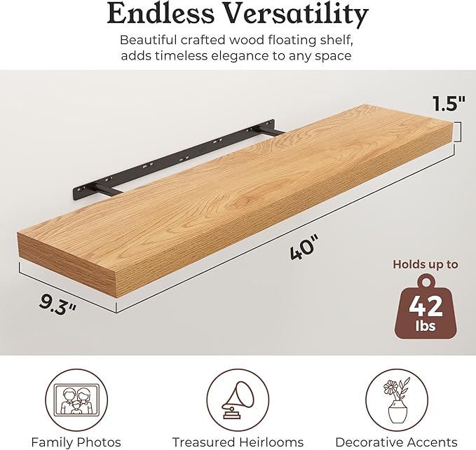Floating Shelves for Wall, 9.3" Deep Wall Mounted Wood Shelves for Bathroom, Bedroom, Living Room, Kitchen, Hanging Shelf for