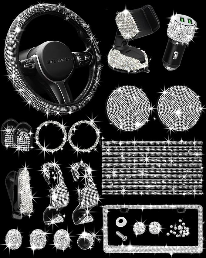 Belinous 27 PCs Bling Car Accessories for Women, Girl Car Accessories for Interior, Bling Steering Wheel Cover 14.5-15in, Bling License Plate Frame, Bling Phone Holder, Cup Coasters (Silver Diamond)