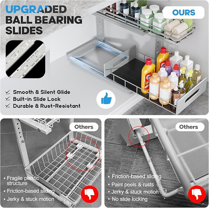 Under Sink Organizer Upgrade To Professional Rails,2-Tier Dual Pull Out Cabinet Storage,Height Adjustable Slide Out Drawers F
