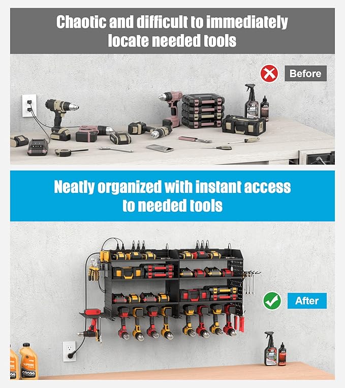 CCCEI Modular Power Tools Organizer with USB Charging Station, 4 Layer Drills and Battery Storage Wall Mount, Garage Shop Org