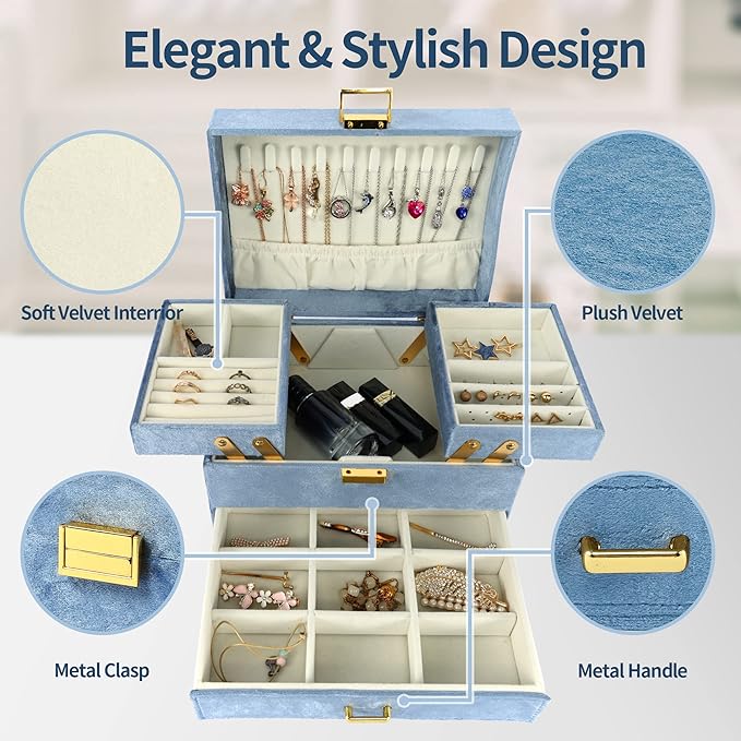 Dajasan Jewelry Organizer Box, Large Jewelry Boxes for Women Girls, Space-Saving 3 Layers Jewelry Storage Case with Drawer, G