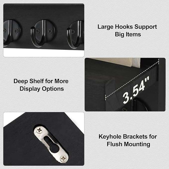 Lwenki Key Holder for Wall, Decorative Key and Mail Holder with Shelf Has Large Hooks for Bags, Coats, Umbrella – Paulownia W