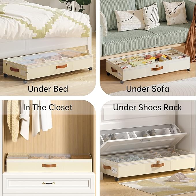 Yecaye Under Bed Storage with Wheels, 65L Under Bed Storage Containers with Adjustable Dividers & Clear Lid, Rolling Underbed