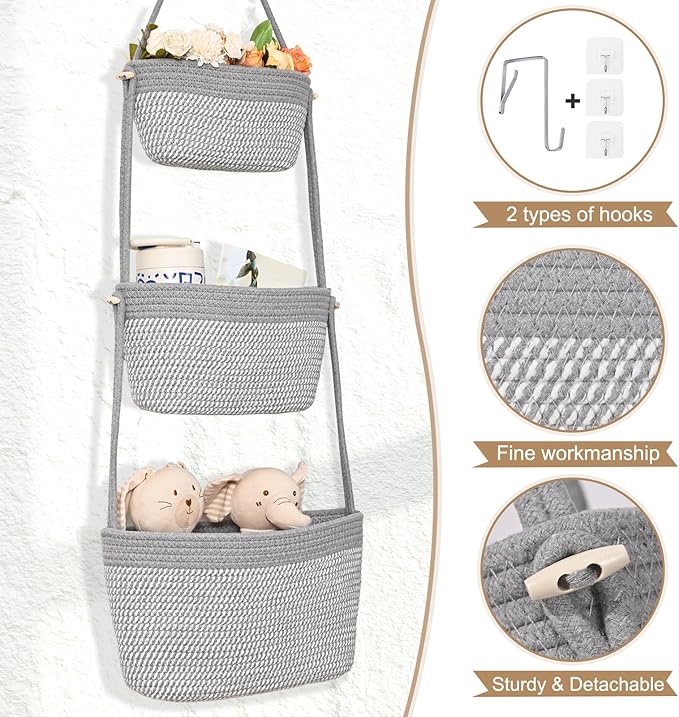 Hanging Storage Baskets, Over the Door Basket, Cotton Wall Baskets Storage, Hanging Door Basket with 4 Hooks