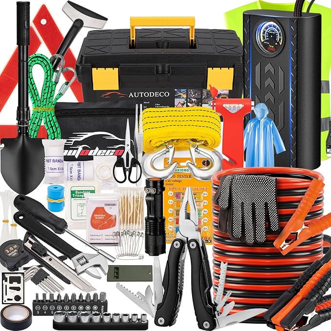 AUTODECO 98 PCS Roadside Car Emergency Assistance Kit with Portable Air Compressor Jumper Cables Safety Hammer All in One Pli