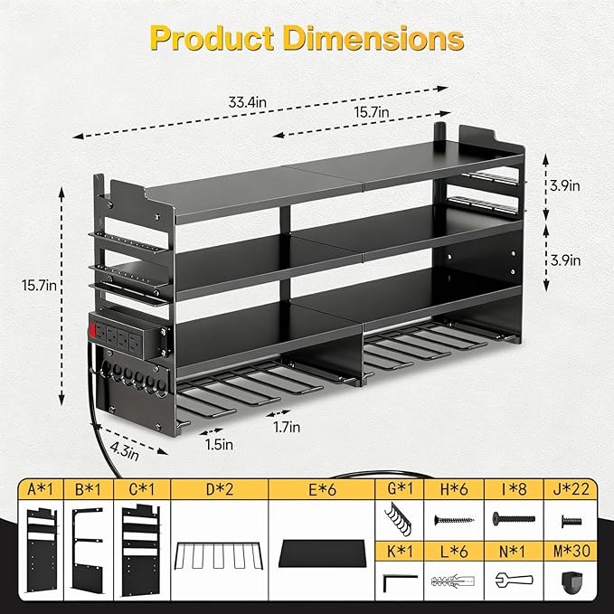 Heavy Duty Power Tool Organizer Wall Mount with Charging Station, 4 Layer Tool Storage Rack with 8 Drill Holder & Power Strip