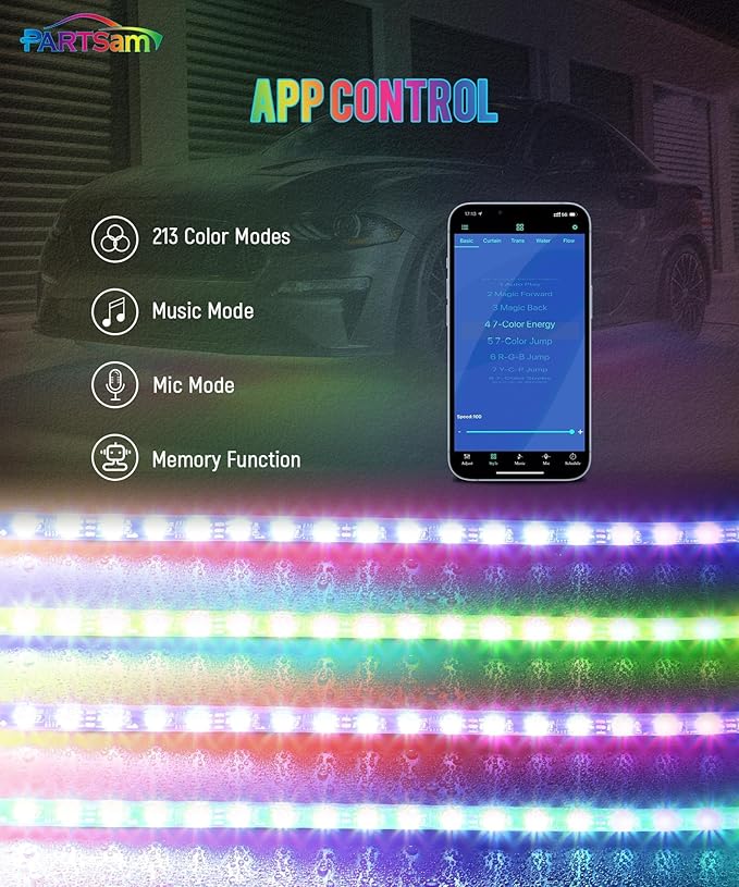 Partsam Car Underglow Neon Accent Strip Lights with APP Control Music Modes, Scene Options, Mic, DIY Wireless Control Underglow Led Lights Strips Adapter for Vehicle SUV Truck - 4 in 1