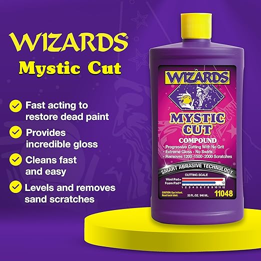 Wizards Mystic Cut Smart Abrasive for Auto Detailing Supplies - No Mess Scratch Remover for Vehicles - Water Based Cutting Compound - Removes Swirls, Defects, Fading, Water Spots - 32 oz