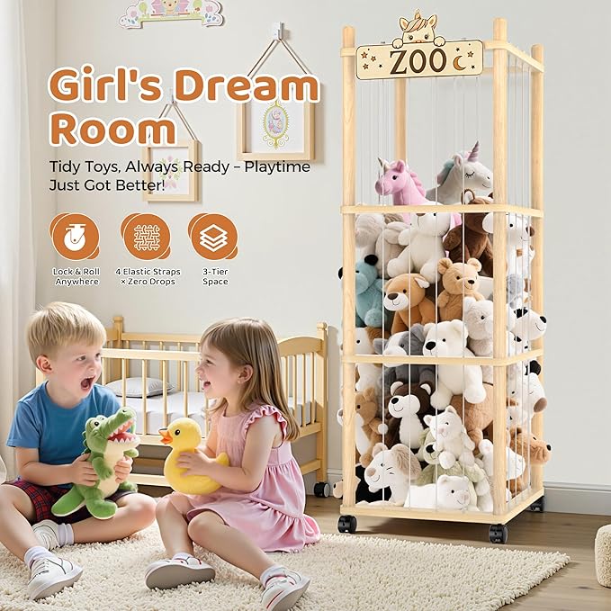 Stuffed Animal Storage Zoo Tower,56In Wooden Large Stuffed Animal Holder Organizer with Wheels,Stuffy Plushies Storage with E