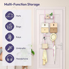 SWTYMIKI Over The Door Purse Organizer - Wall Mounted Handbag Organizer with 16 Hooks and Metal Basket, Hanging Purse Storage