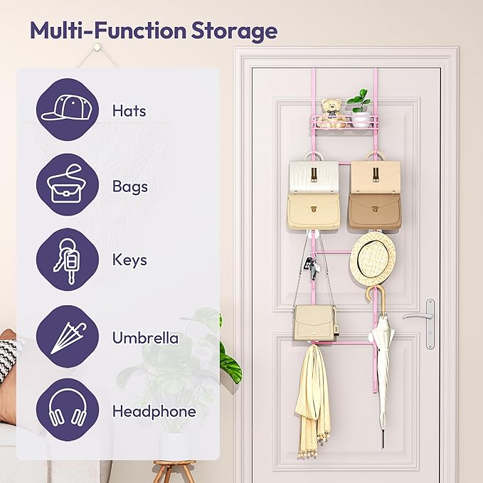 SWTYMIKI Over The Door Purse Organizer - Wall Mounted Handbag Organizer with 16 Hooks and Metal Basket, Hanging Purse Storage