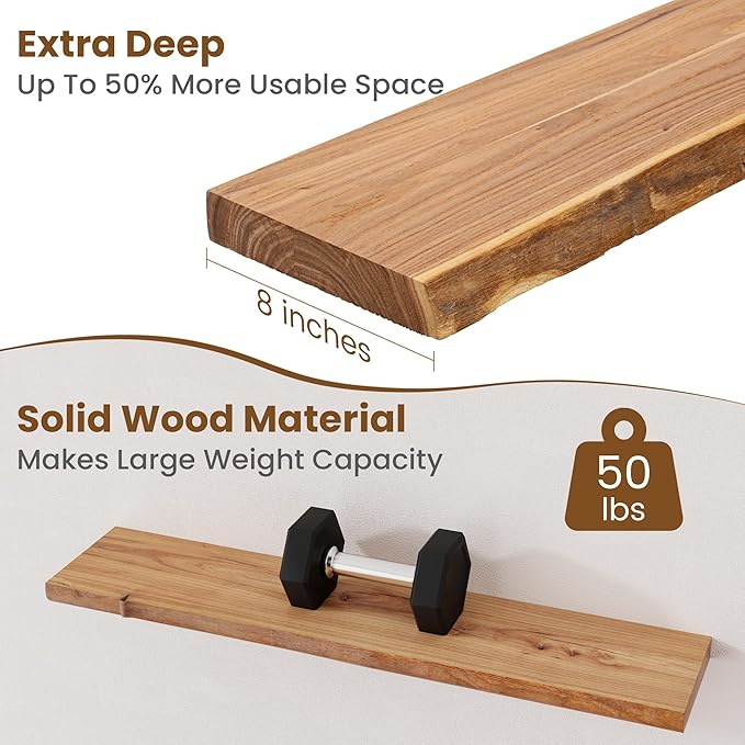 Floating Shelves for Wall Decor, Rustic Solid Elm Wood Live Edge Floating Shelves Wall Mounted, Wall Shelves with Invisible B