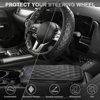 CAR PASS 3D Memory Foam Leather Car Steering Wheel Cover Set, Comfortable Rhombus Leather Center Console Armrest Cushion with Storage Bags Non-Slip 14.5-15in Car Interior Covers Sets, 4 PCS All Black