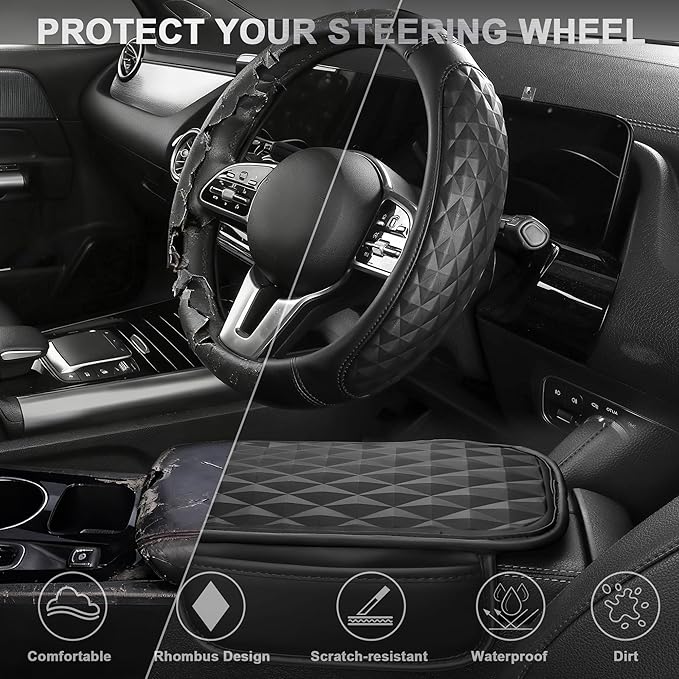 CAR PASS 3D Memory Foam Leather Car Steering Wheel Cover Set, Comfortable Rhombus Leather Center Console Armrest Cushion with Storage Bags Non-Slip 14.5-15in Car Interior Covers Sets, 4 PCS All Black