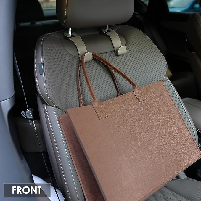 Leather Car Hooks for Headrest - Fully Leather-Wrapped U-Shaped Purse Holder for Car, Flexible Seat Back Organizer & Durable Car Accessories for Purses, Bags, Coats & More (Beige, 2 Pack)