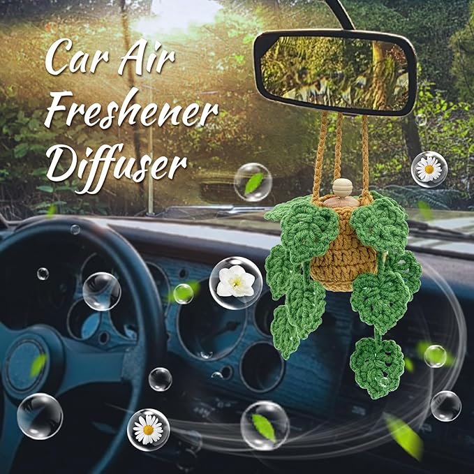 Crochet Car Air Freshener, 15ml Empty Refillable Oil Diffuser Bottle with Hanging Crochet Plant for Car Rearview Mirror Decor