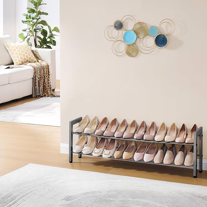 FAVOOSTY 2-Tier Expandable Shoe Rack, Adjustable Shoe Shelf Storage Organizer Space Saving Metal Free Standing Shoe Rack for 