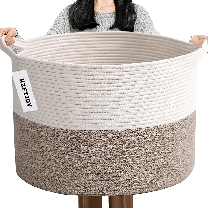 65L Large Woven Cotton Rope Blanket Basket with Handles, Laundry Hamper Storage Bin for Pillows, Clothes, Bedroom and Living 