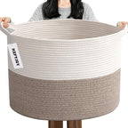 65L Large Woven Cotton Rope Blanket Basket with Handles, Laundry Hamper Storage Bin for Pillows, Clothes, Bedroom and Living 