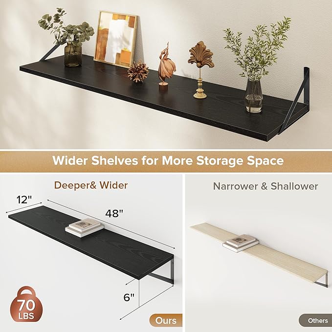 Deep Floating Shelves Wall Mounted, 48"x12" Black Wall Shelves with Brackets Set of 2 for Bedroom, Living Room, Bathroom, Kit