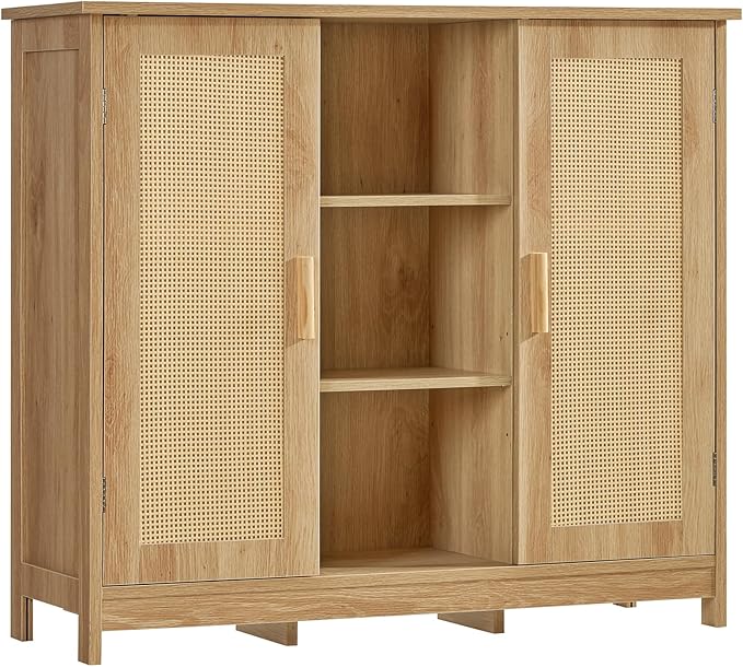 Iwell Rattan Storage Cabinet with 4 Adjustable Shelves, Coffee Bar Cabinet, Sideboard Buffet for Kitchen, Living Room, Entryw