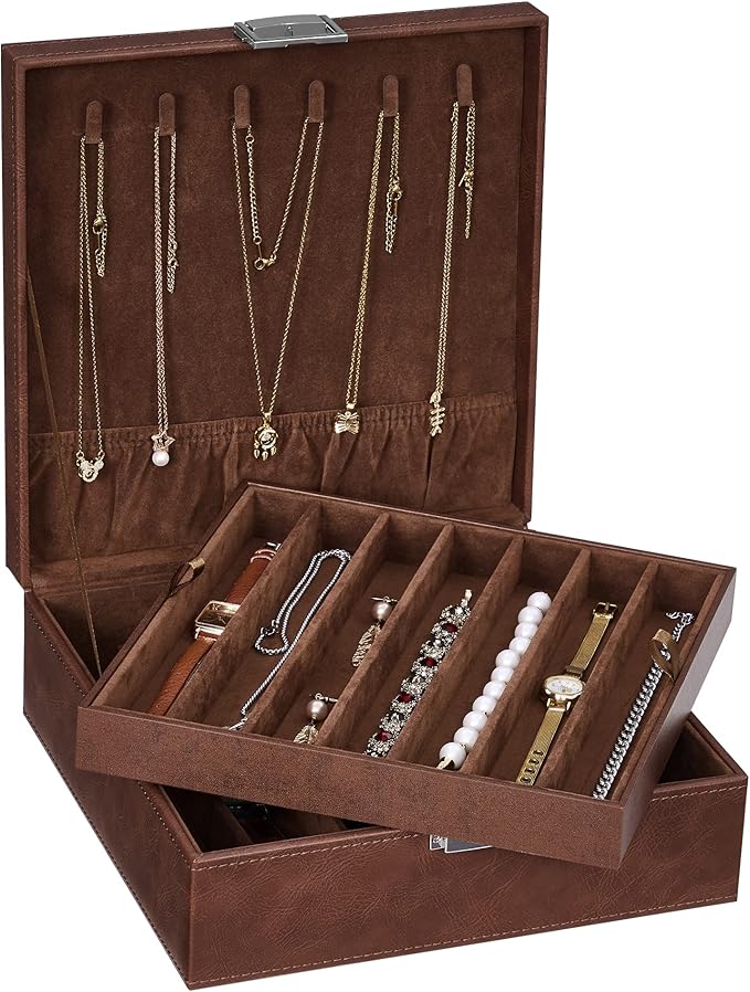 BEWISHOME Jewelry Boxes for Women, 2-Layer Necklace Organizer Box, Modern Style Jewelry Organizers and Storage with Removable