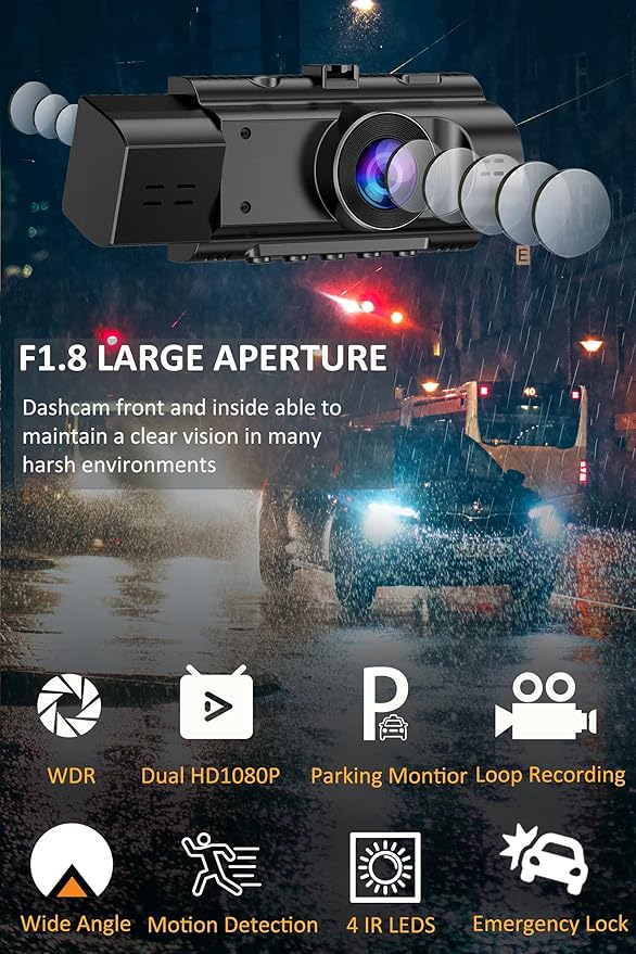 Dual Dash Cam Front and Inside FHD 1080P Dash Camera for Cars Dashcams for Cars with Infrared Night Vision, Car Camera Drivin