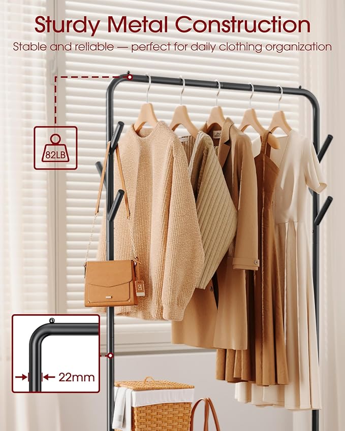 Sakugi Clothes Rack - Metal Coat Rack with Bottom Shelf, Portable Wardrobe Rack with 6 Side Rods, Rolling Clothing Rack for H