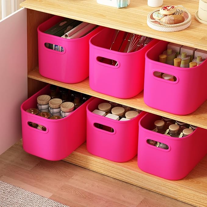 ORGIDOL 8 Pack Pink Storage Bins with Lids Stackable Storage Container for Organizing, Storage Boxes with Handle for Shelves,