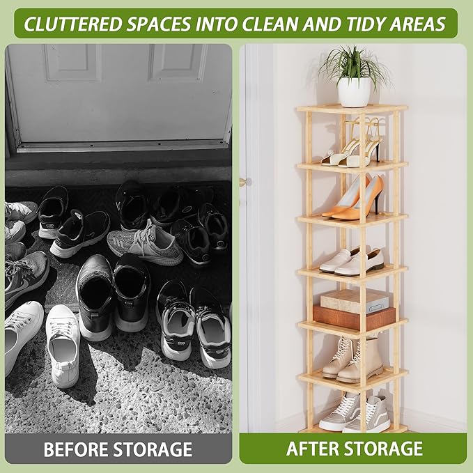 Vertical Tall Shoe Rack For Entryway - Tall 7 Tier Free Standing Slim Narrow Bamboo Wood Shoe Boots Storage Shelf Small Space