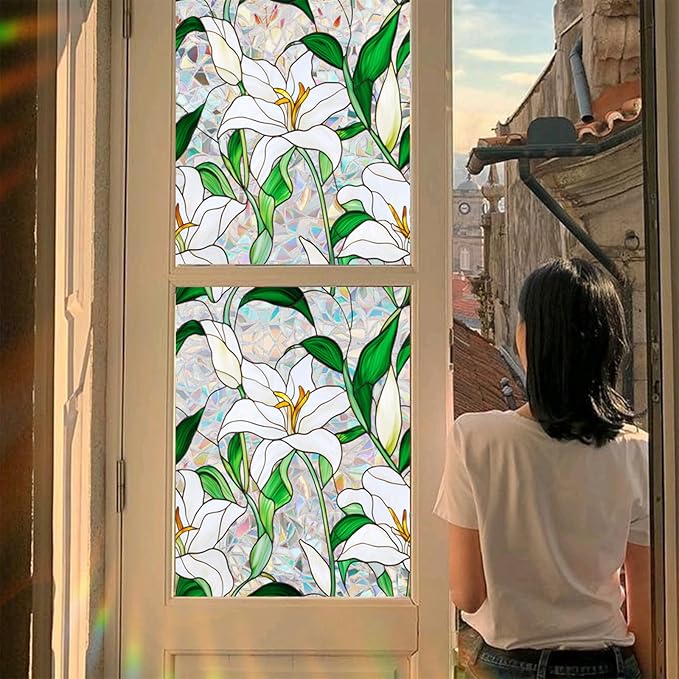 Niviy Window Privacy Film Lily White Flowers Stained Glass Window Film, Sun Protection Decals for Car Moonroof, Static Cling Rainbow Sticker Covering for Wedding Home Door (16.93 x 39.37inch)