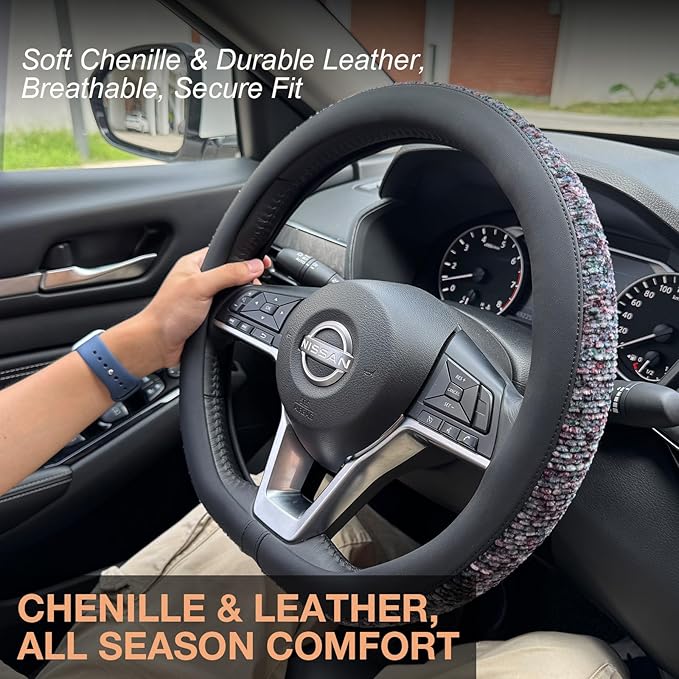PINCTROT D Shaped Chenille Leather Steering Wheel Cover, Soft Mottled Colors, Sweat-Proof, Non-Slip Grip, All-Season Comfort,