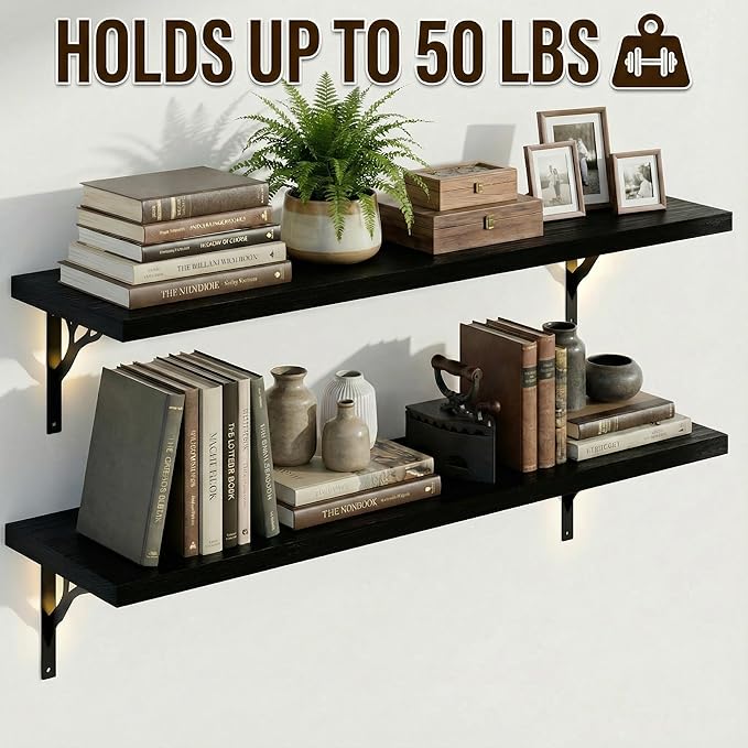 48Inch Solid Pine Wood Floating Shelves Set of 2, Black Wood Wall-Mounted Storage Shelves with Heavy-Duty Metal Brackets | De