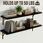 48Inch Solid Pine Wood Floating Shelves Set of 2, Black Wood Wall-Mounted Storage Shelves with Heavy-Duty Metal Brackets | De