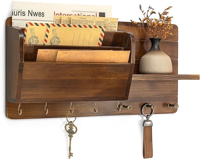Rebee Vision Pine Wood Key Holder Wall Mount for Home Decor - Stylish Mail Holder Wall Mounted with Shelf & Hooks for Entrywa