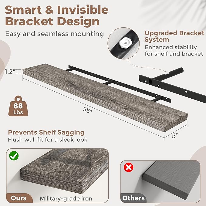 55 Inch Floating Shelves for Wall Set of 2, 8"D Wood Grain Bathroom Shelves with Invisible Brackets, Easy Install Engineered 