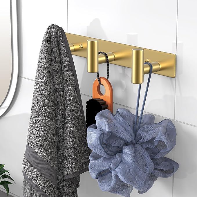 VAEHOLD Hat and Coat Wall Mount Rack - Hooks for Robes, Bags, Keys, and Towels - Bathroom Towel Hanger Organizer (Gold, “T“ S