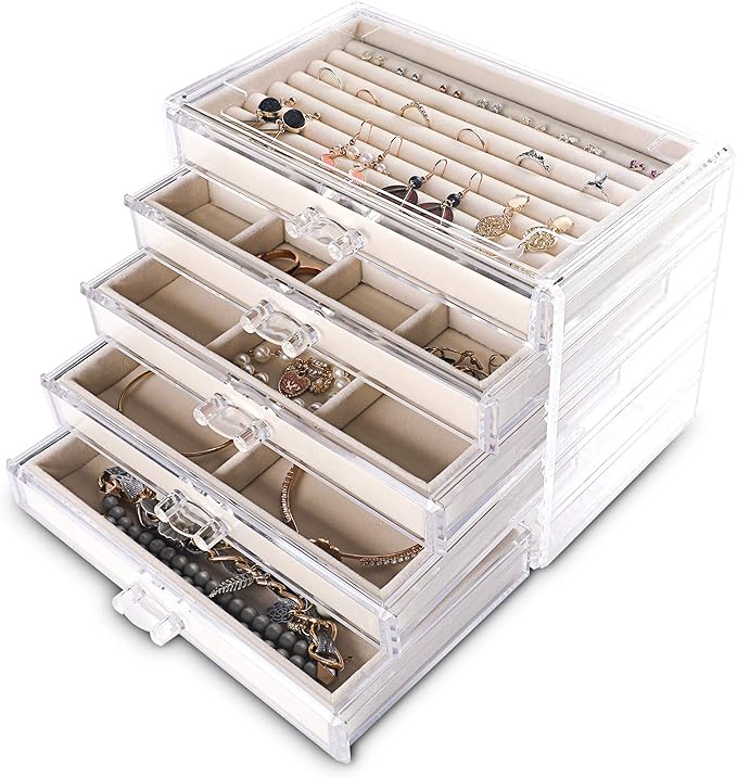 Frebeauty Extra Large Acrylic Jewelry Box for Women Girls 5 Layers Clear Velvet Earring Organizer with 5 Drawers Rings Displa