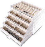 Frebeauty Extra Large Acrylic Jewelry Box for Women Girls 5 Layers Clear Velvet Earring Organizer with 5 Drawers Rings Displa