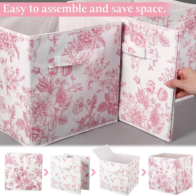 Geelin 6 Pcs Pink Floral Cube Storage Bins 11 Inch Pink Flower Storage Basket with Handle, Preppy Girls Organizer Basket, Col