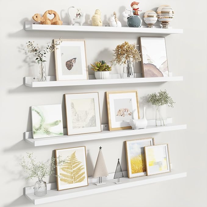 Fun Memories Picture Ledge Shelf, White Floating Shelves Set of 4, 36 Inch Picture Shelves for Wall with Ledge, Large Nursery